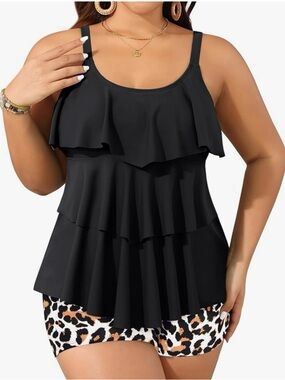 Black Ruffle Layer Swim Tankini Top - Yonique